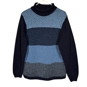 Womens Roll Neck Birdseye Sweater Medium  Chunky Scandi Indie Blue Preppy Layers
